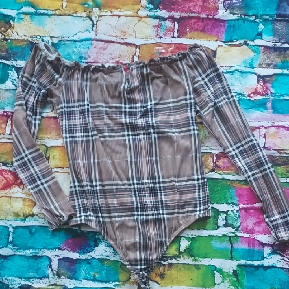 Rue21 Brown Plaid Off-Shoulder Bodysuit